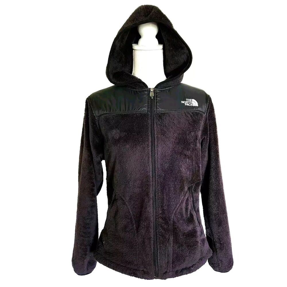 The NORTH FACE Oso Hooded Jacket Sz M Black Furry Raschel Fleece Full zip Fuzzy
